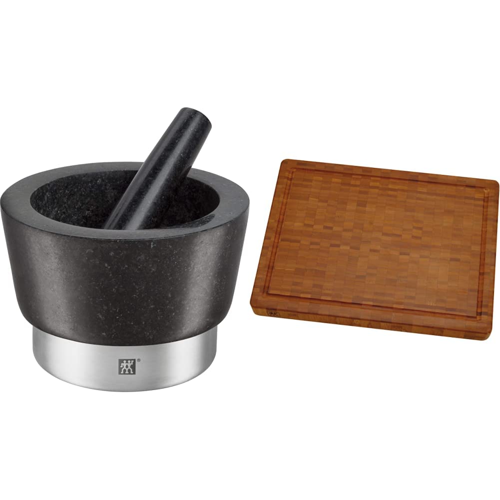 Zwilling Spices Mörser mit Stössel, Ø 11 cm, Granit, Schwarz & 30772100 Schneidbrett, Bambus, mittel
