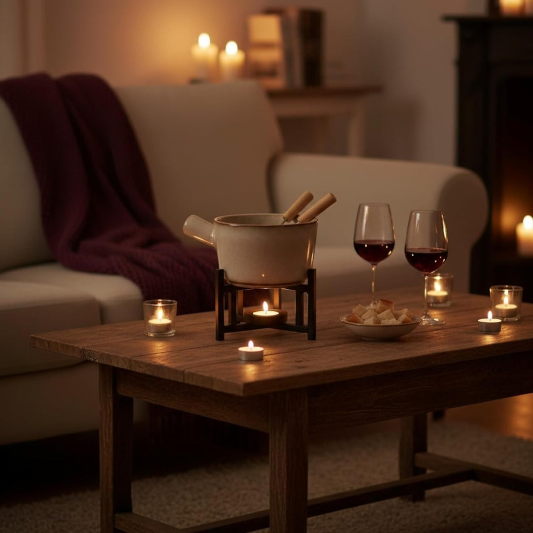 MIJOMA Fondue Set für 2 Personen – Keramiktopf mit Metallgestell & Edelstahlgabeln – Schokoladen- &