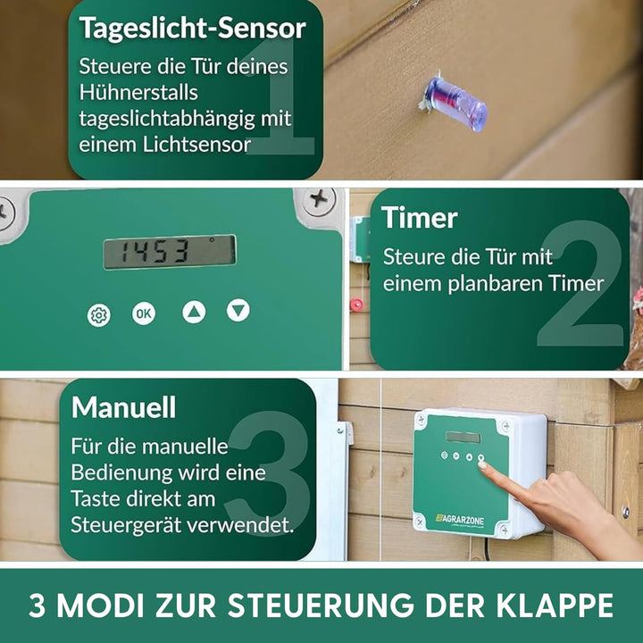 Agrarzone automatische Solar Hühnertür Hühnerklappe mit Schieber 22 x 33 cm | Türöffner Hühnerstall