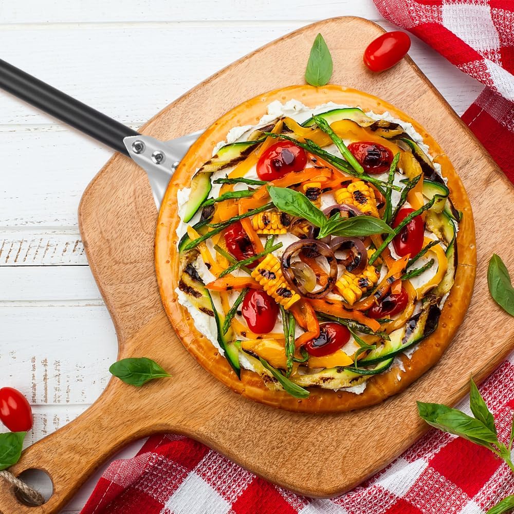 Perforierte Pizzaschaufel, 6 Zoll Pizzaschieber Pizzapaddel aus Aluminium mit Langem Abnehmbarem Gri