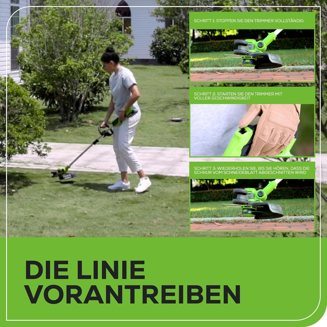 Greenworks GD24LT33K4 Akku Rasentrimmer & Kantenschneider mit Rad für mittelgrosse Gärten, 33cm Schn
