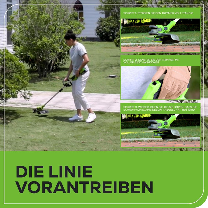 Greenworks GD24LT33K4 Akku Rasentrimmer & Kantenschneider mit Rad für mittelgrosse Gärten, 33cm Schn