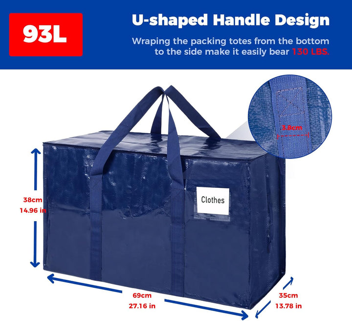 Umzugstaschen 93 L, 4er-Pack Aufbewahrungstaschen mit Reissverschluss, Umzugstaschen Heavy Duty Extr