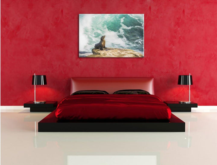 Pixxprint süsse Robbe sonnt Sich Kunst Buntstift Effekt, Format: 100x70 auf Leinwand, XXL riesige Bi