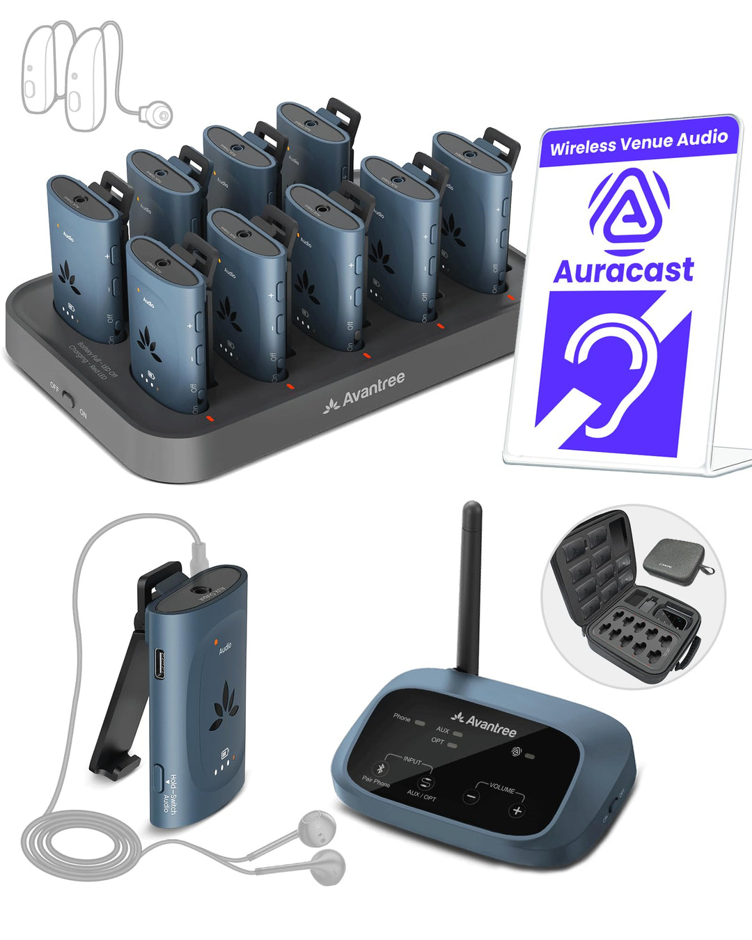 Avantree AuraPlex MX – Auracast Assistive Listening System mit 1 Sender & 10 kabellosen Empfängern,