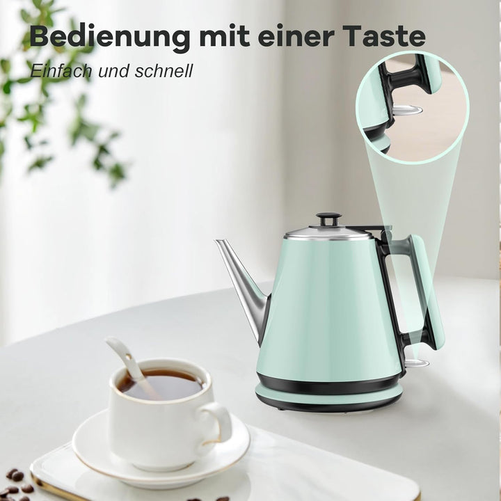 0,9L Wasserkocher - 304 Edelstahl, 1360W Schnellkochfunktion in 4-6 Minuten, Klassisches Kompaktes D