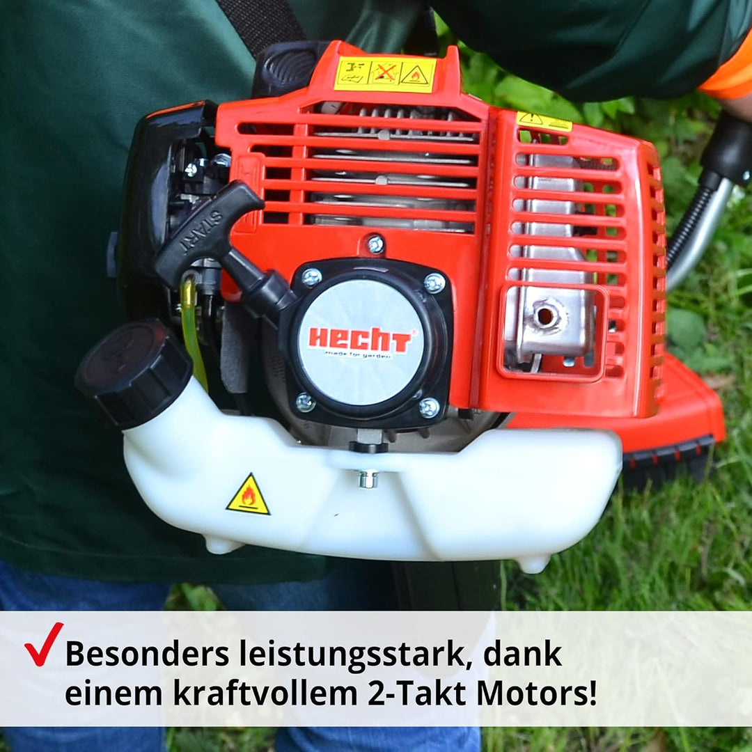 HECHT 2-Takt Benzin Motorsense Freischneider Rasentrimmer mit Messer und Doppel Faden Spule, 43 cm u