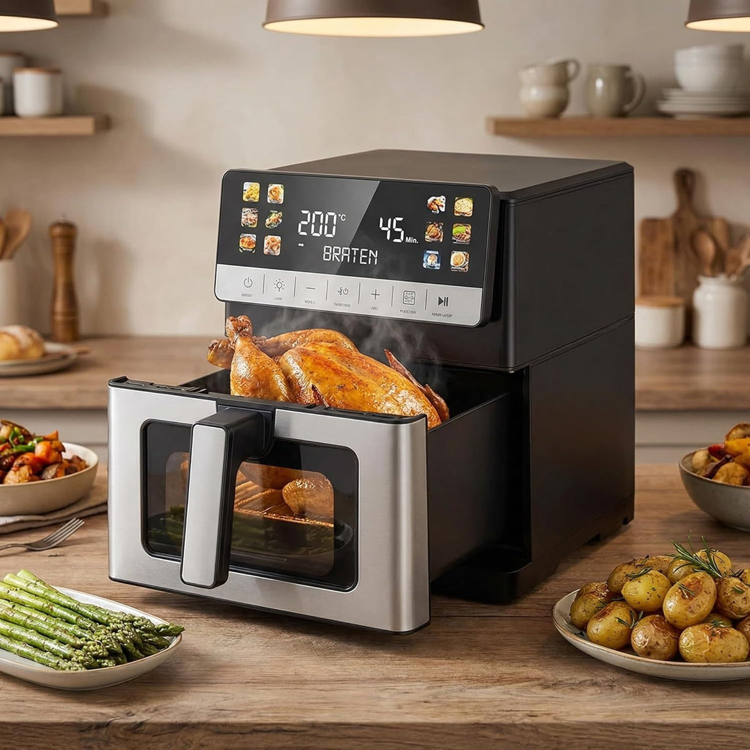 Heissluftfritteuse, 10 Liter XXL Air Fryer, 12in1 Heissluftfritteuse, Zwei Heizelemente Airfryer, To