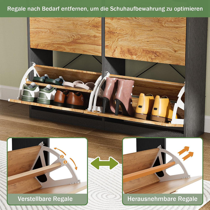 Schuhschrank Schmal mit 4 Klappen, Platzsparender Schuhkipper Holz Schuhkommode Schuhregal mit 4 Abl