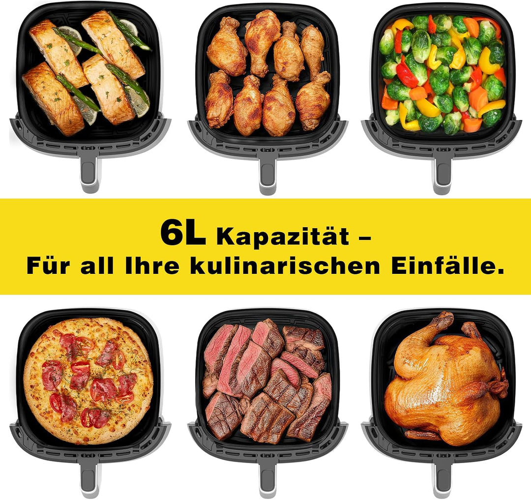 Airfryer XL 6L, Heissluftfritteuse mit Sichtfenster, Heissluftfriteuse mit Touch Screen, 9 Programme