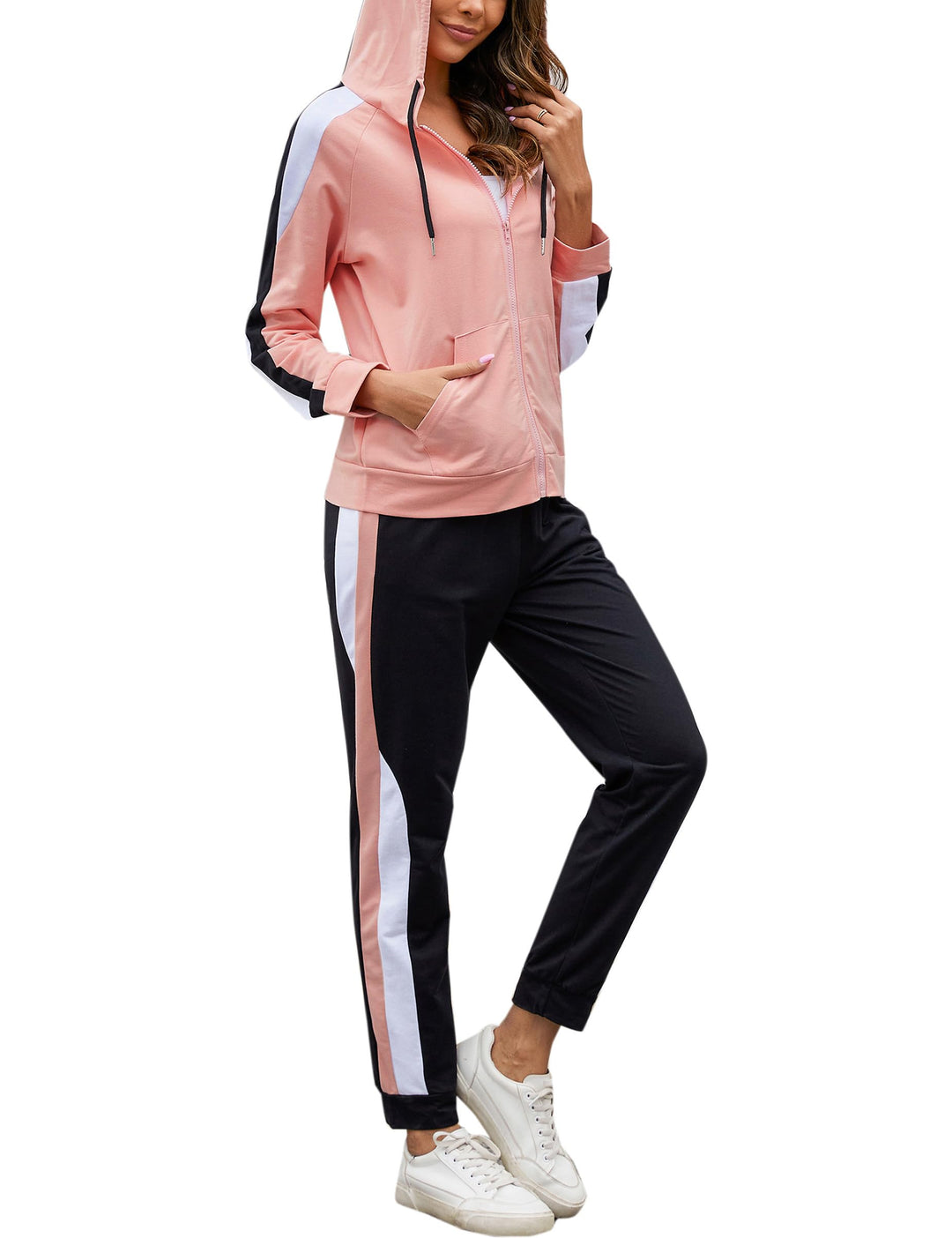 Litherday Jogginganzug Damen Lang Freizeitanzug Baumwolle Trainingsanzug Frauen Streifen Sportanzug