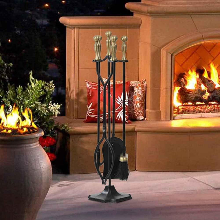 Amagabeli 5 Stück Kaminwerkzeuge Sets Messinggriffe Schmiedeeisen Set und Halter Indoor Outdoor Feue