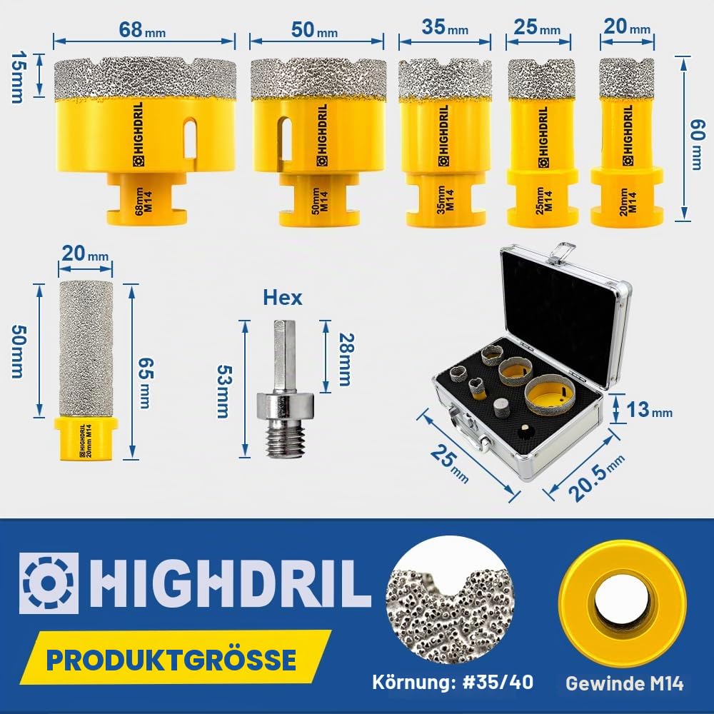 HIGHDRIL Diamantbohrer Fliesenbohrer Set - 20/25/35/50/68MM Diamant-Bohrkrone Lochsäge mit 20MM Fing