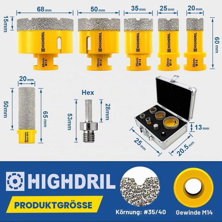 HIGHDRIL Diamantbohrer Fliesenbohrer Set - 20/25/35/50/68MM Diamant-Bohrkrone Lochsäge mit 20MM Fing