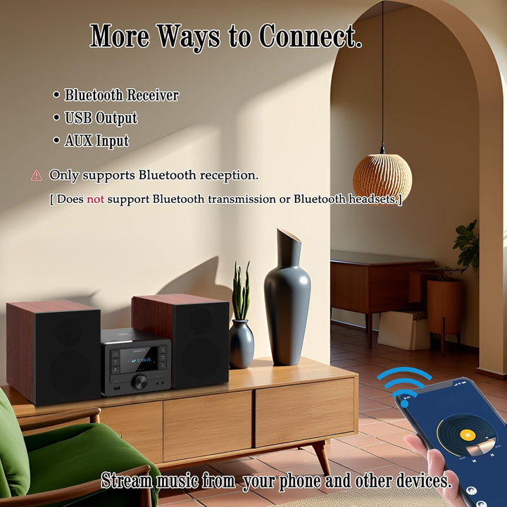 Bluetooth Stereoanlage 40W für Zuhause, CD-Player mit Wireless Streaming, USB MP3 Wiedergabe, FM Rad