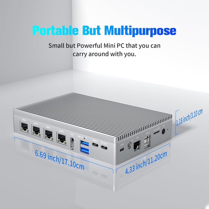 Micro Firewall N100 12TH Gen Fanless Mini PC(3.4 GHz) 8GB RAM 128GB eMMC, Type-C USB3.2, 4 x 2.5Gbe
