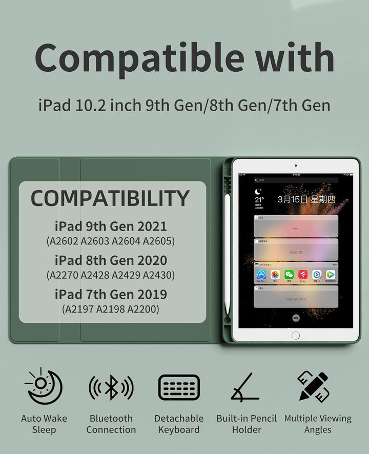 JKSML Hülle mit Tastatur für iPad 9./ 8./ 7. Generation (2021/2020/ 2019) | Soft TPU Rückseite Schut