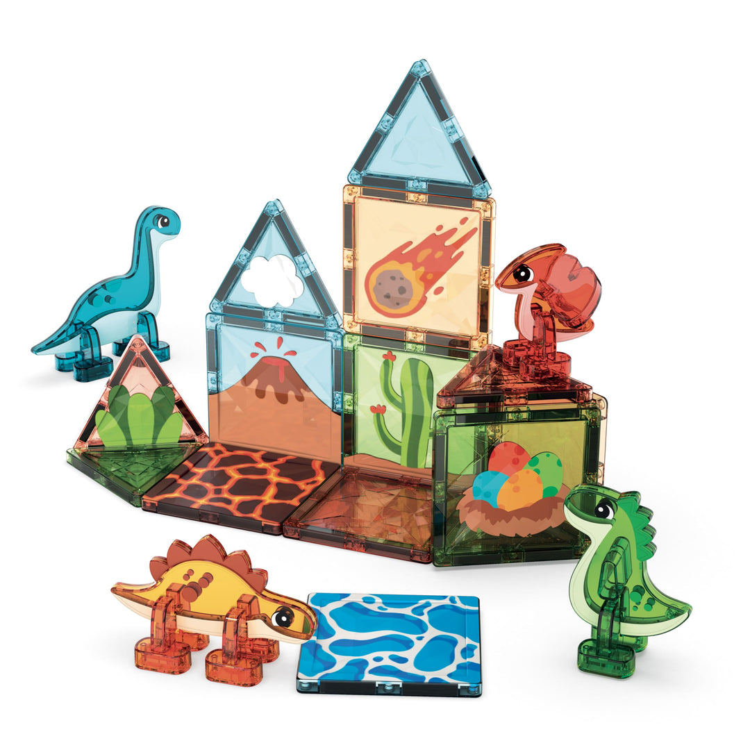 Geomag Magnetic Tiles Dino World - Themen-Set, magnetische Dinosaurier, durchscheinende Paneele, 3D-