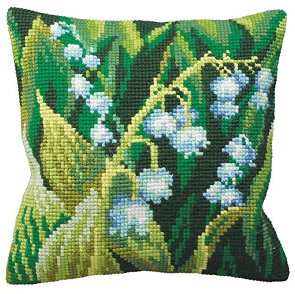 Collection d'Art Lilien rechts Stickkissen Kreuzstich-Set, Baumwolle, Gr/xfcn, 40x40cm Maiglöckchen