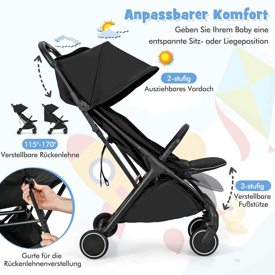 COSTWAY Kinderwagen klappbar, Reisebuggy mit Liegefunktion, Kinderbuggy tragbar mit verstellbarer Rü