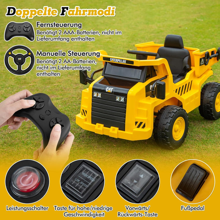 COSTWAY Caterpillar Elektroauto für Kinder, 12V Muldenkipper zum Draufsitzen mit Sandschaufel & Kipp