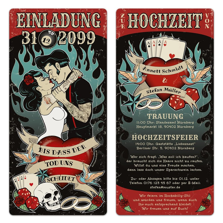 Hochzeit Einladungen (10 Stück) - Rockabilly - Hochzeitskarten Vintage Rock 1950er