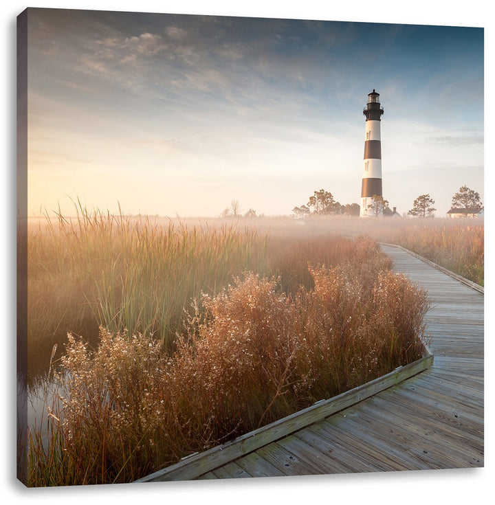 Leuchtturm im Nebel, Format: 70x70 auf Leinwand, XXL riesige Bilder fertig gerahmt mit Keilrahmen, K