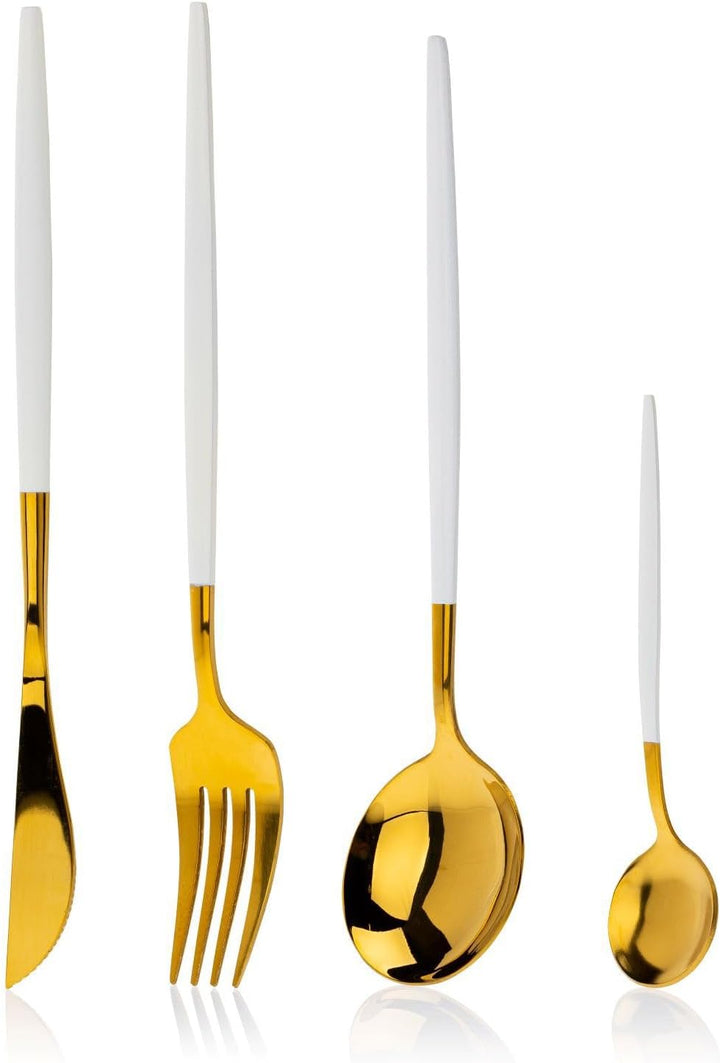 "HowHomely Goldenes Besteck Set 4 Elemente - Besteckset Gold - Essbesteck Gabeln, Messer und 2x Löff