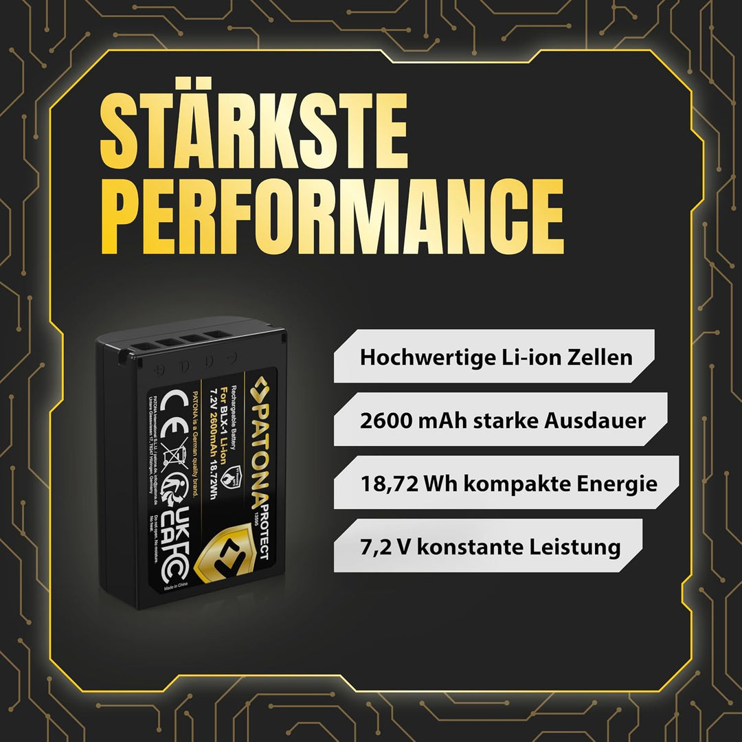 PATONA Protect BLX-1 Akku (2400mAh) mit NTC-Sensor und V1 Gehäuse - für OM-1 1x BLX1, 1x BLX1