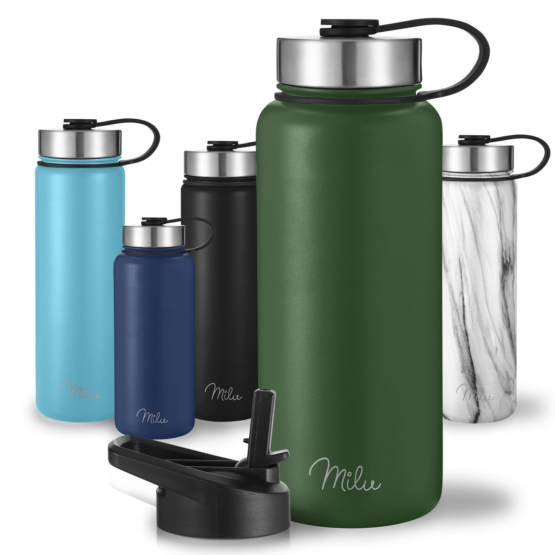 Milu Edelstahl Trinkflasche 500ml 750ml 1000ml (+3 Deckel) - Thermosflasche mit Strohhalm, Isolierte