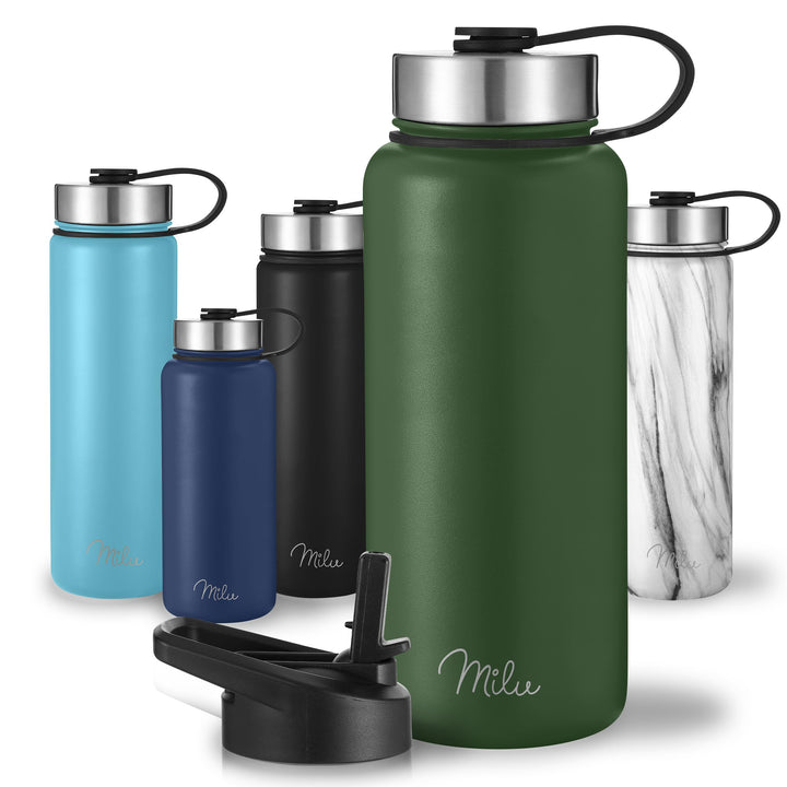 Milu Edelstahl Trinkflasche 500ml 750ml 1000ml (+3 Deckel) - Thermosflasche mit Strohhalm, Isolierte