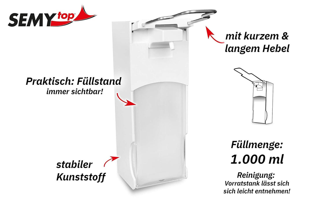 Semy Top Armhebel-Dosierspender für Seifen aus Kunststoff, nachfüllbar, weiss, 1000 ml, 100x280x90 m