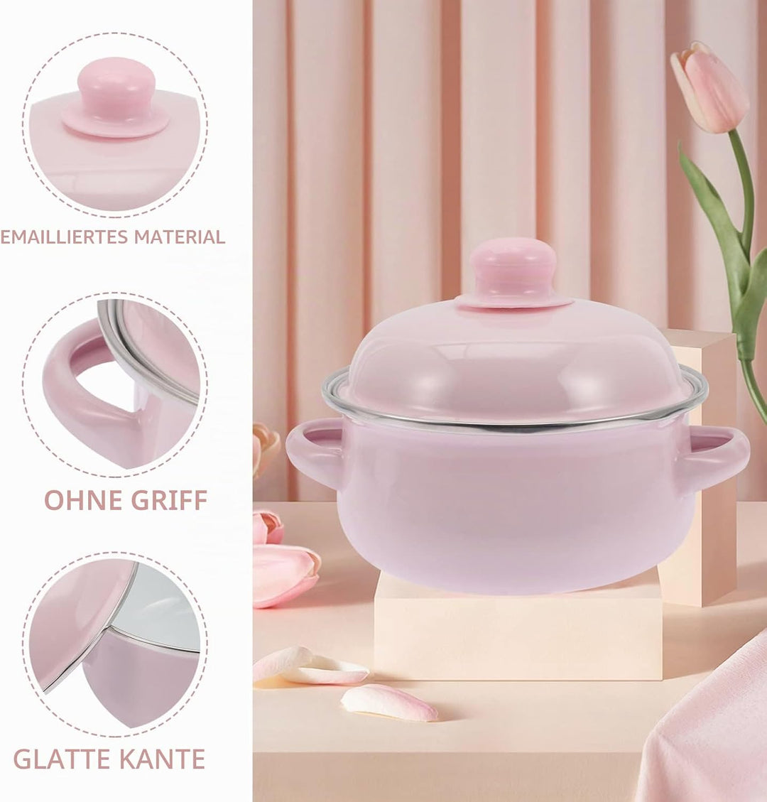 Lurrose Emaille Topf mit Deckel Schmortöpfe: Vintage Suppentopf Nudeltopf Fleischtopf Rosa 1100ml In