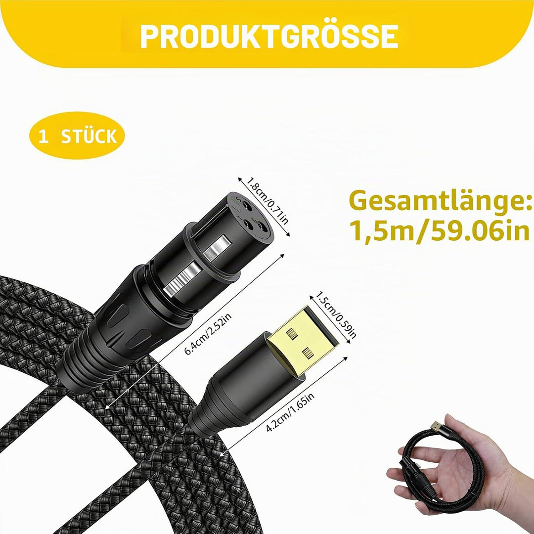 XLR auf USB Mikrofonkabel 1,5 m mit Integriertem DAC, Profi Adapter für Aufnahmen und Streaming, Plu