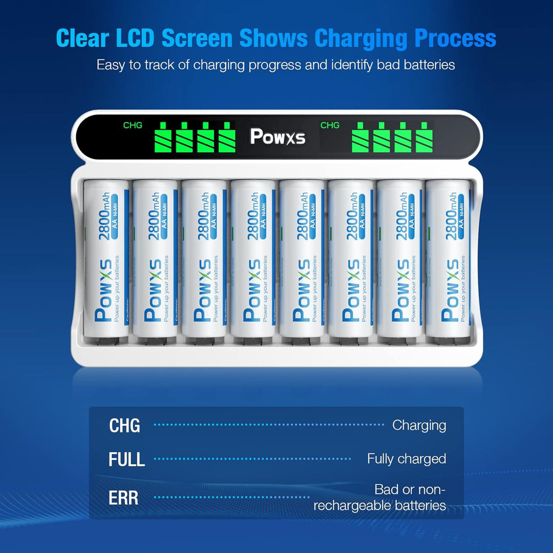 POWXS Batterie Ladegerät 8 Fach mit 8 AA Akkus, AA AAA Akkuladegeräte mit LCD Display, Hohe Kapazitä