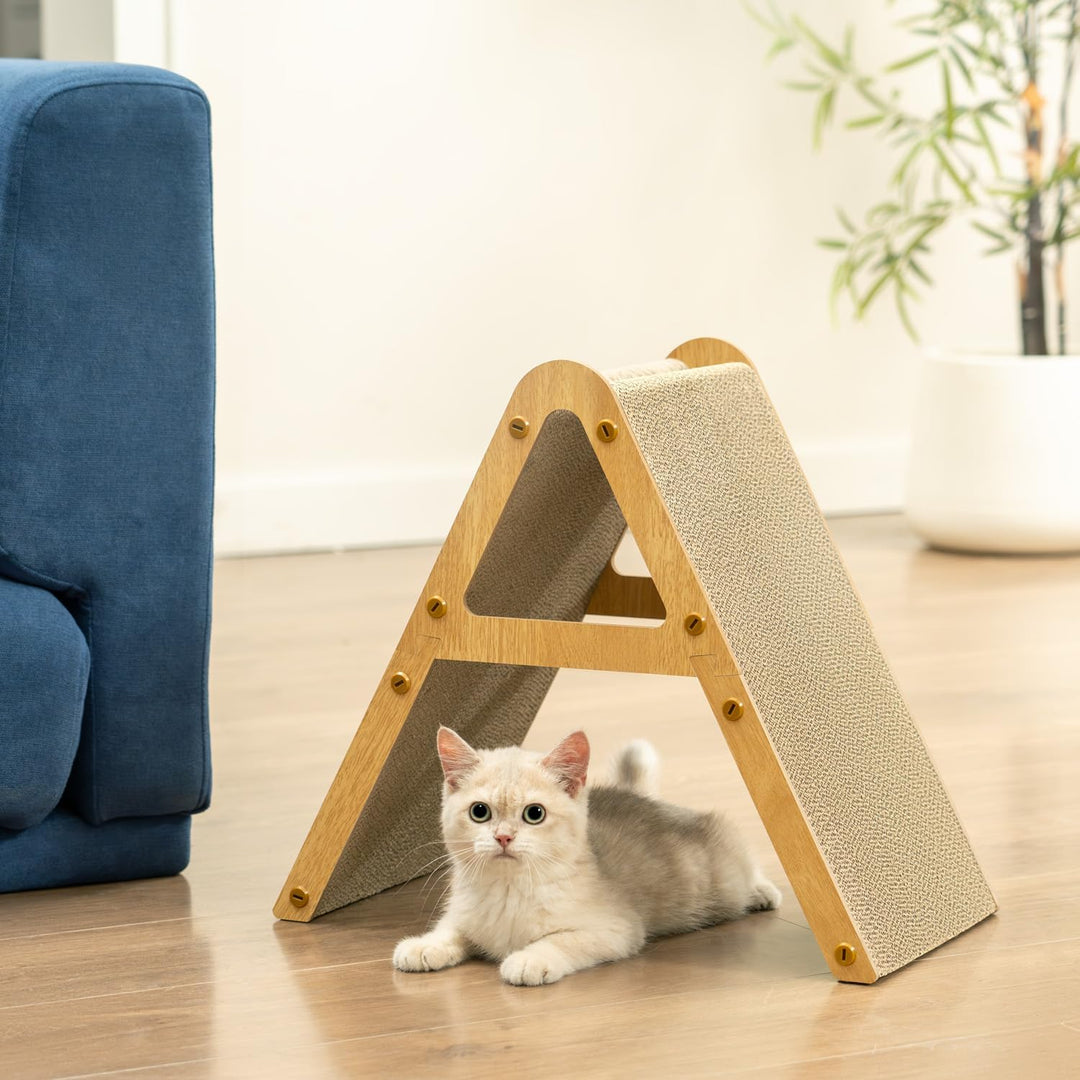 A-Frame Kratzmöbel aus Recycling-Pappe & Holzrahmen, beidseitiges Kratzbrett für Kitten, Kratzliege