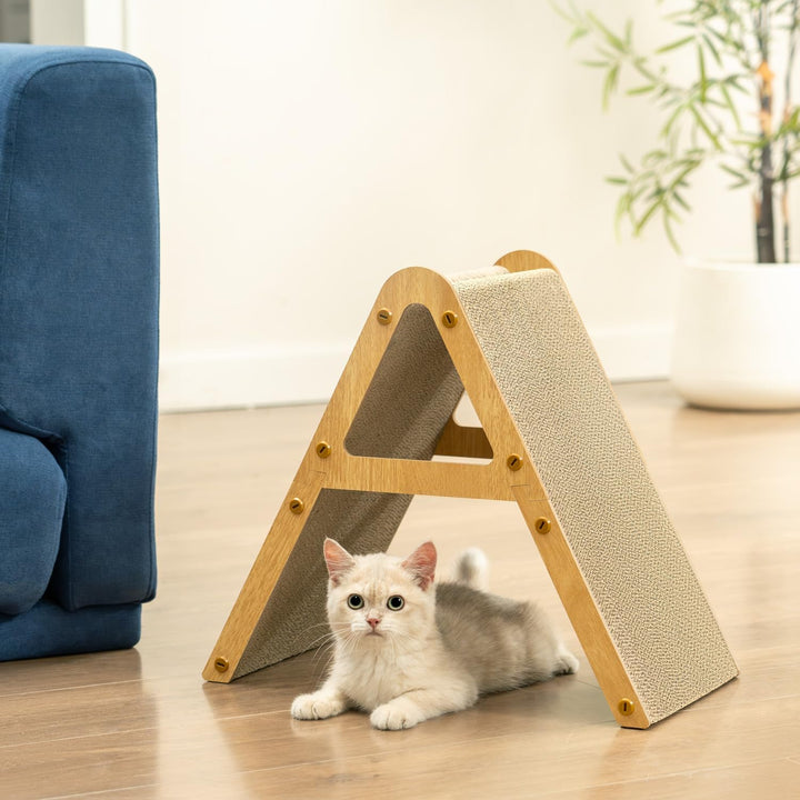 A-Frame Kratzmöbel aus Recycling-Pappe & Holzrahmen, beidseitiges Kratzbrett für Kitten, Kratzliege