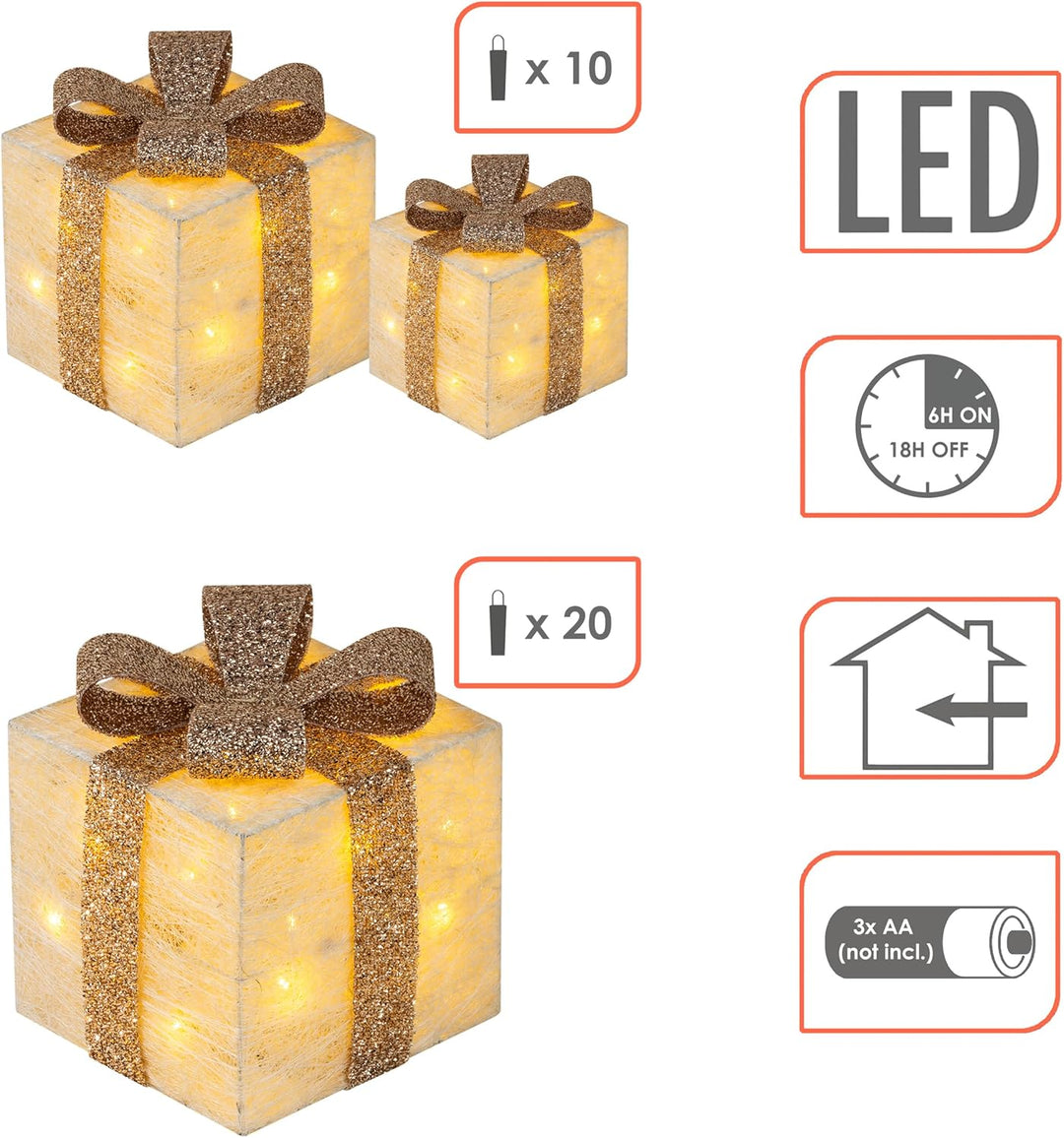 LED Geschenkboxen mit Timer 3er Set - Creme - Weihnachts Dekoboxen warm weiss beleuchtet - Weihnacht