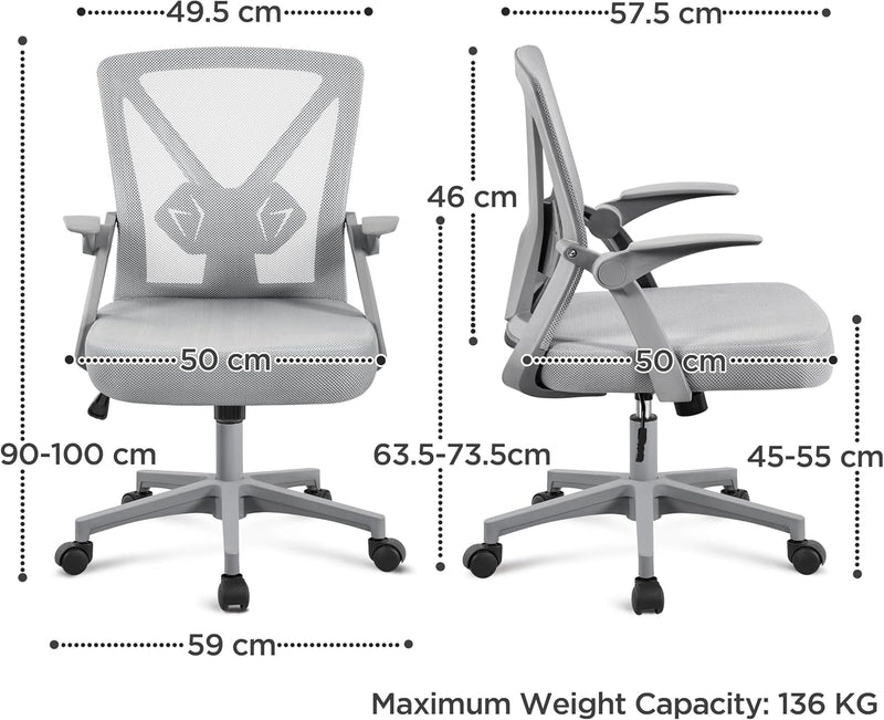 Yaheetech Bürostuhl ergonomisch, Schreibtischstuhl aus Mesh mit Hochklappbaren Armlehnen, Drehstuhl