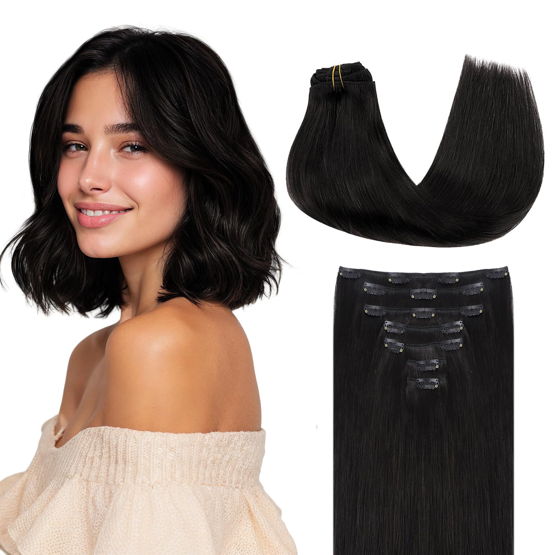 GOO GOO Clip in Extensions Echthaar, Echthaar Extensions Clip, 25cm 55g 7pcs, Haarverlängerung Echth
