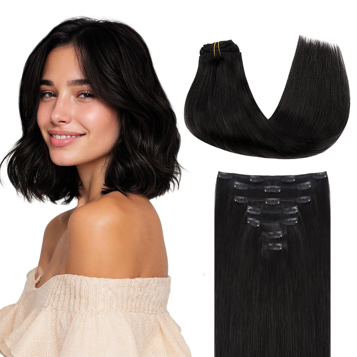 GOO GOO Clip in Extensions Echthaar, Echthaar Extensions Clip, 25cm 55g 7pcs, Haarverlängerung Echth