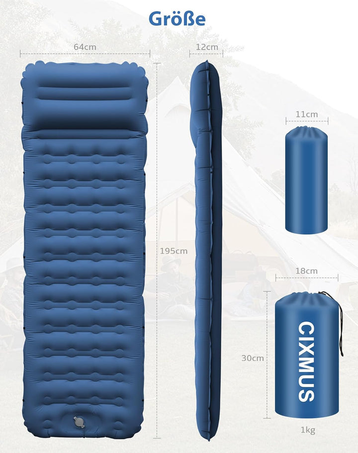 Aufblasbare Isomatte Camping mit Fusspumpe und Kopfkissen, 12 cm verdickt – Bequem, Ultraleicht, Kle