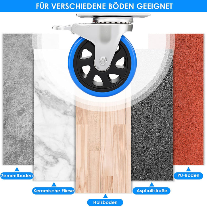 Asibaade 4PCS Schwerlastrollen 125mm inkl. Montagezubehör Transportrollen Lenkrollen mit Bremsem 360