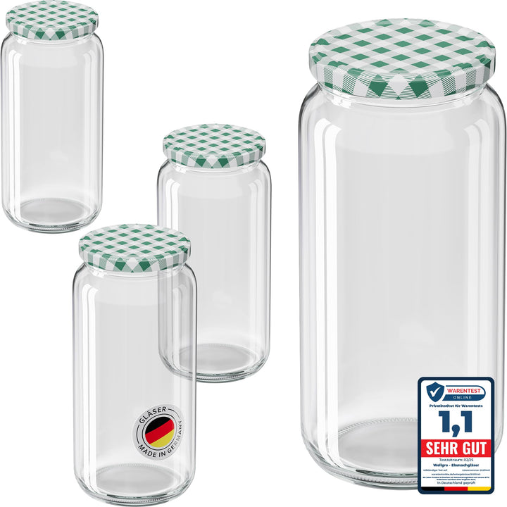 WELLGRO 6x Einmachgläser mit Schraubdeckel - 1045ml - Deckel grün kariert To 82 - Made in Germany -