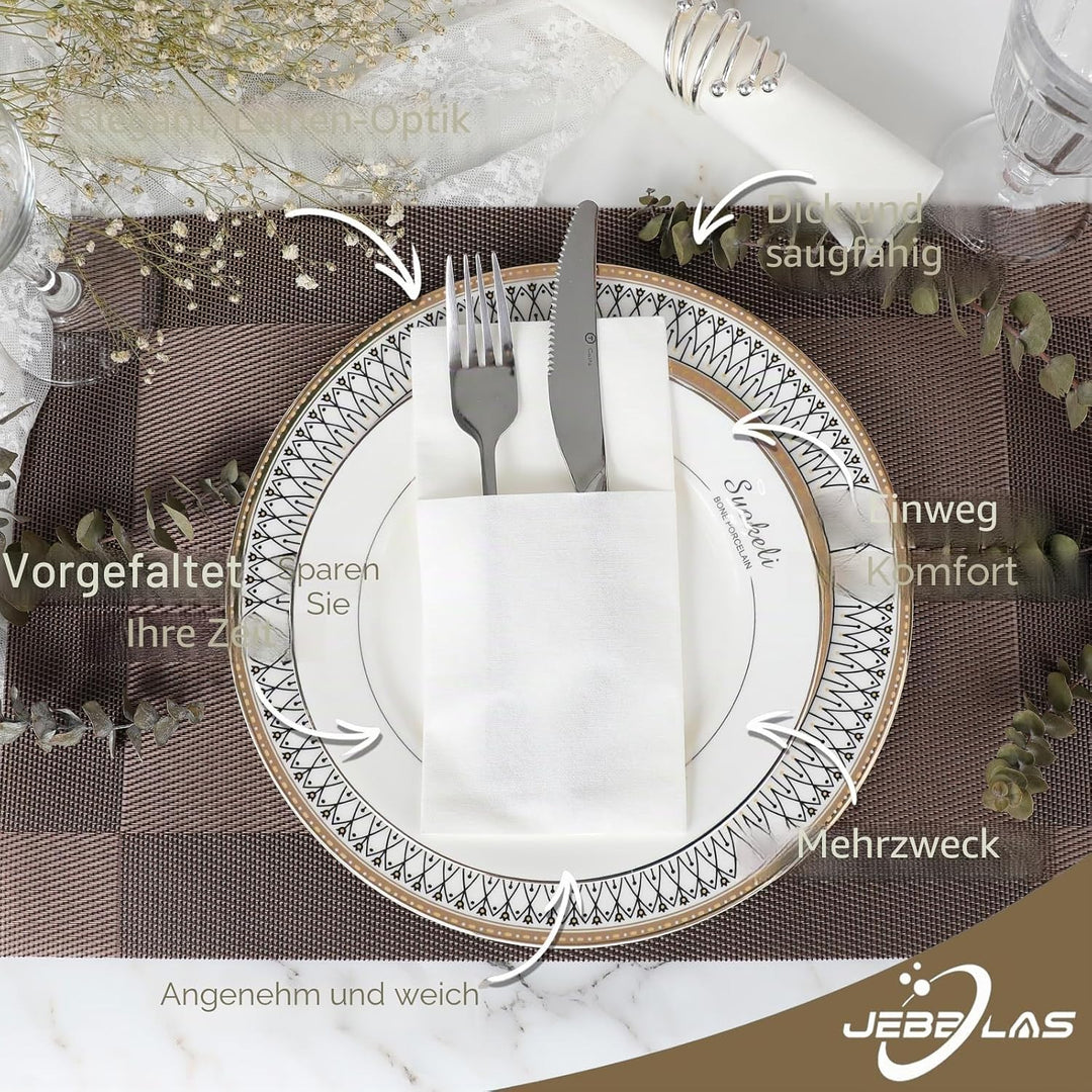 JEBBLAS Einweg-Stoffservietten, integrierte Bestecktasche, Hochzeitsparty, Leinengefühl, weisse Serv