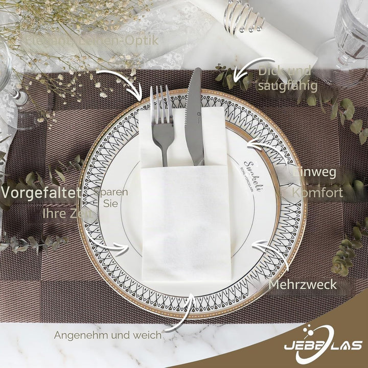 JEBBLAS Einweg-Stoffservietten, integrierte Bestecktasche, Hochzeitsparty, Leinengefühl, weisse Serv