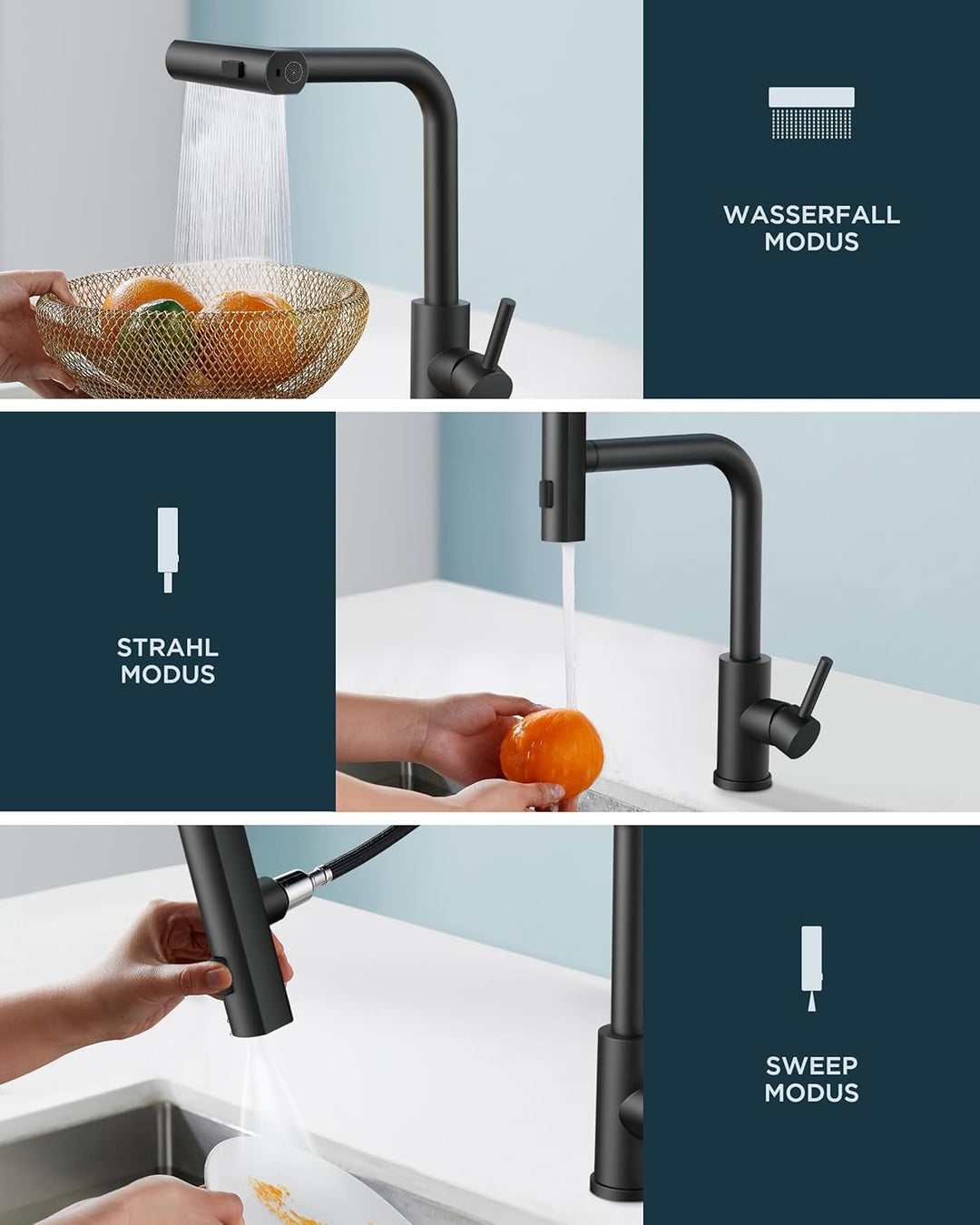 FORIOUS Waterfall Wasserhahn Küche Schwarz, Hochdruck Küchenarmatur Ausziehbar mit Brause, 360° Dreh