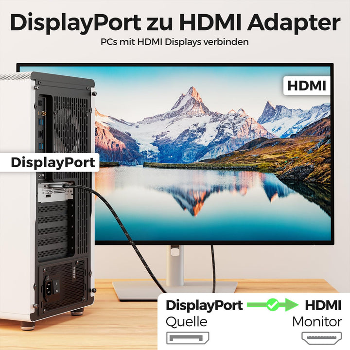 deleyCON 1,5m 4K DisplayPort auf HDMI Kabel (für Monitor, TV, Beamer) - 4K@60Hz - Unidirektional Dis