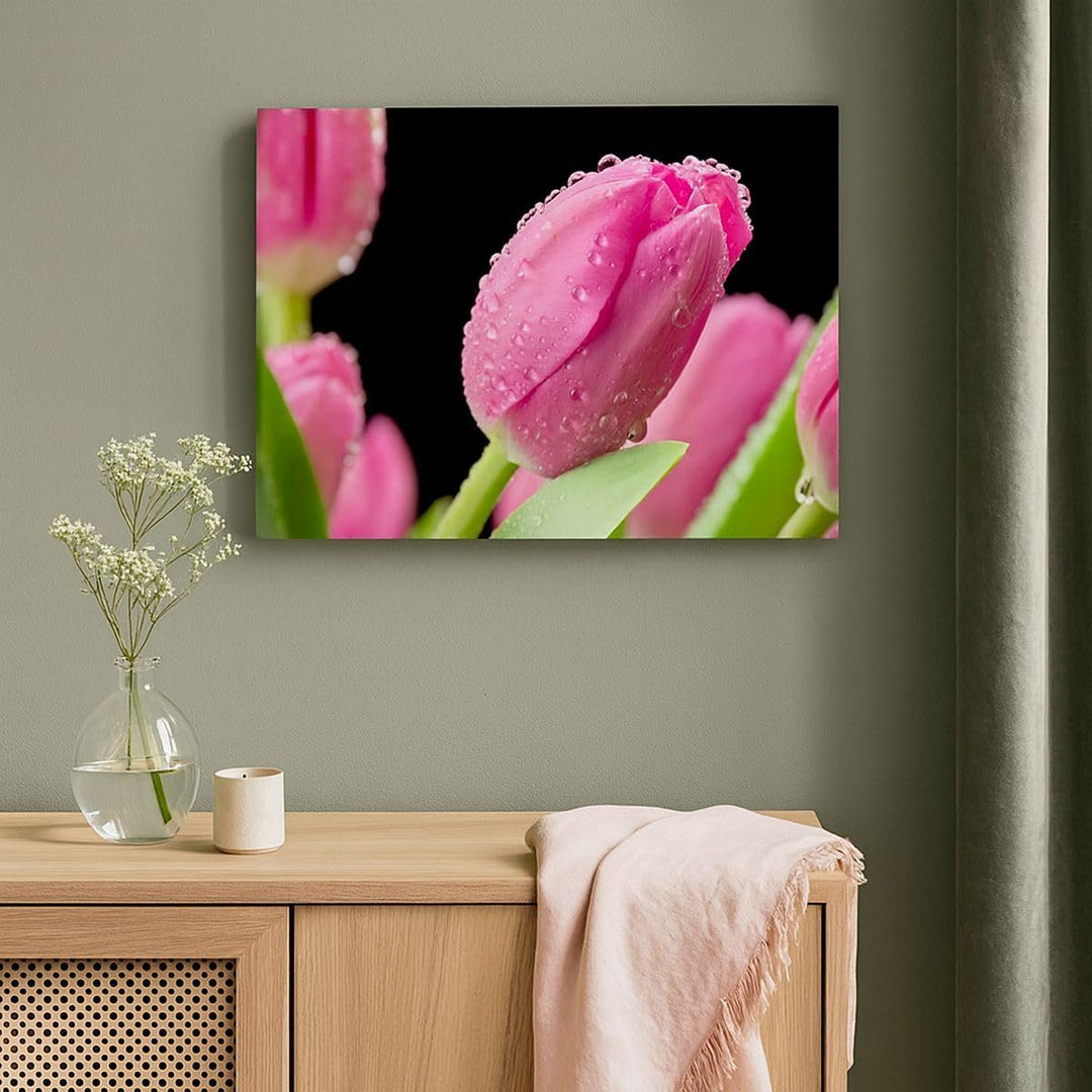 Bilder auf Leinwand 100x70cm Leinwandbild mit Rahmen Tulpe Blumen Tau Gross Wanddeko Bild Schlafzimm