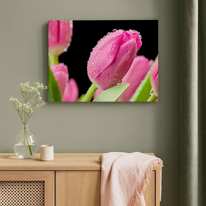 Bilder auf Leinwand Tulpe Blumen Tau Leinwandbild mit Rahmen 70x50cm Wandbilder Dekoration Wohnzimme